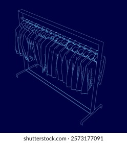 Blue image of a clothes rack with a row of clothes hanging on it. The clothes are all different colors and styles, and the rack is tall and narrow. Concept of organization and order