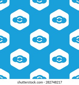 Blue image of cloud with exchange symbol in white hexagon, repeated on blue