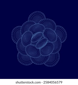 A blue image of a cluster of spheres. The spheres are all different sizes and are arranged in a way that creates a sense of depth and movement. The image is abstract and has a dreamy