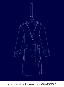 Blue image of a coat hanging on a hanger. The coat is a trench coat and is hanging on a rack