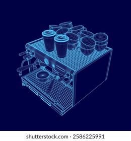 A blue image of a coffee machine with cups and other items on top of it. The image is stylized and has a futuristic feel to it