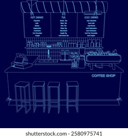 A blue image of a coffee shop with a menu board. The menu board has three sections. The coffee shop has a modern and clean design