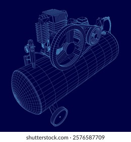 Blue image of a compressed air tank. The tank is shown in a 3D format, with a close up of the tank's wheel and the engine. Concept of precision and technicality