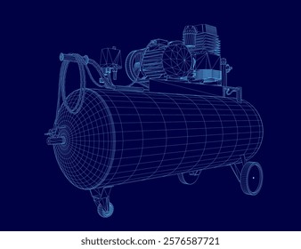 Blue image of a compressor. The compressor is a large, cylindrical object with a black handle. The image is in a blue color scheme, giving it a futuristic and industrial feel