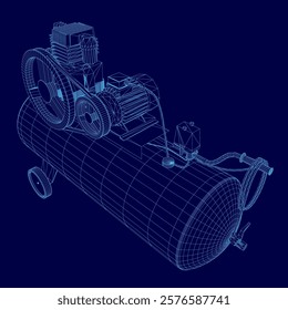 Blue image of a compressor. The compressor is shown in a 3D format, with a blue background. The compressor is a machine that is used to compress air