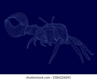 A blue image of a crab with a blue background. The crab is shown in a 3D format, with its claws and legs visible. The image has a futuristic and otherworldly feel to it