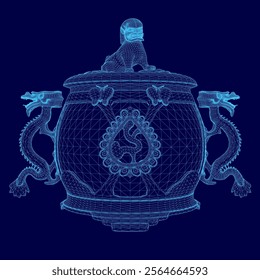 Blue image of a cup with a dragon on it. The cup is made of metal and has a dragon on it. The dragon is large and has a fierce look. The cup is sitting on a table