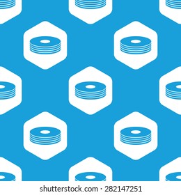 Blue image of disc pile in white hexagon, repeated on blue