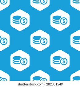 Blue image of dollar coin in white hexagon, repeated on blue
