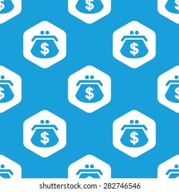 Blue image of dollar purse in white hexagon, repeated on blue