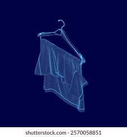 Blue image of a dress hanging on a clothes hanger. The image has a dreamy, ethereal quality to it