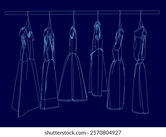 Blue image of dresses hanging on a rack. The dresses are all different styles and colors, and they are all hanging at different heights. Concept of variety and diversity