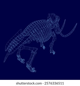 Blue image of a elephant skeleton with a large tusk. The skeleton is shown in a 3D format, with the tusk extending out of the body. Concept of awe and wonder at the size