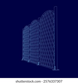 Blue image of a fence with a blue background. The fence is made of metal and has a diamond pattern