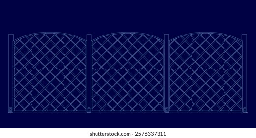 Blue image of a fence with a blue background. The fence is made of metal and has a diamond pattern