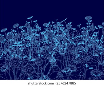 Blue image of a field of flowers. The flowers are in various sizes and are scattered throughout the image. Scene is serene and peaceful, as the flowers are depicted in a natural setting