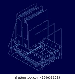 Blue image of a filing cabinet with a blue background. The filing cabinet is full of files and folders, and the folders are organized in a grid. Concept of order and organization