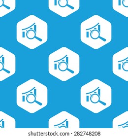 Blue image of financial graphic under loupe in white hexagon, repeated on blue