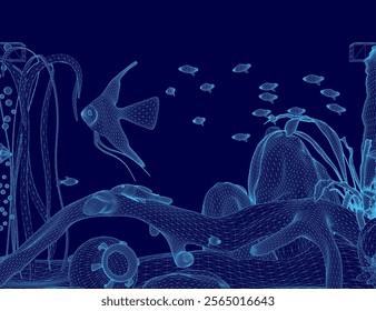 Blue image of a fish aquarium with a blue fish swimming over it. The fish are swimming in the tank and there are many of them