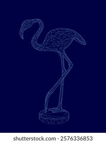 Blue image of a flamingo. The image is a digital rendering of a flamingo, and it is standing on a pedestal. The image has a futuristic and artistic feel to it