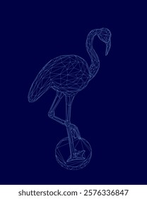 Blue image of a flamingo standing on a ball. The image is a digital drawing of a bird with a ball in its beak. The bird appears to be in a playful and whimsical mood