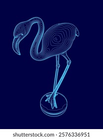 Blue image of a flamingo standing on a ball. The image has a calm and serene mood, with the flamingo's elegant posture and the ball's smooth surface