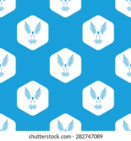 Blue image of flying bird in white hexagon, repeated on blue