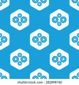 Blue image of four cogs in white hexagon, repeated on blue