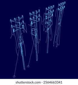 Blue image of four power lines. The lines are drawn in a stylized way, giving the impression of a 3D model. Concept of technology and modernity, as well as a feeling of power