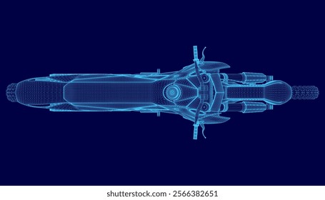 Blue image of a futuristic motorcycle. The motorcycle is shown in a 3D format, with a blue and white color scheme. Concept of futuristic technology and innovation