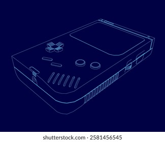 A blue image of game device. The image is a stylized drawing of the game device, with the buttons and other features of the device highlighted. Scene is playful and nostalgic