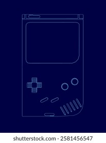 A blue image of game device. The image is a stylized drawing of the game device, with the buttons and other features of the device highlighted. Scene is playful and nostalgic