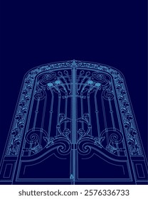 The blue image of a gate is a stylized rendering of a gate with a blue and white color scheme. The gate is open, and the design features intricate details and patterns