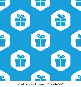 Blue image of gift box in white hexagon, repeated on blue