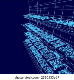 Blue image of a grocery store with a variety of food items in different containers. The image has a modern and futuristic feel to it, with a focus on the different types of food available