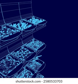 Blue image of a grocery store with a variety of food items in different containers. The image has a modern and futuristic feel to it, with a focus on the different types of food available