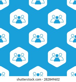 Blue image of group with leader in white hexagon, repeated on blue