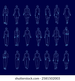 A blue image of a group of people walking. The image is a series of black drawings of people in various poses. Scene is somewhat somber and contemplative