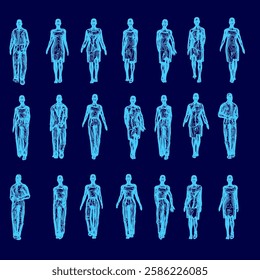 A blue image of a group of people walking. The people are all dressed in different outfits, and they are all walking in a line. The image has a futuristic feel to it. Front view