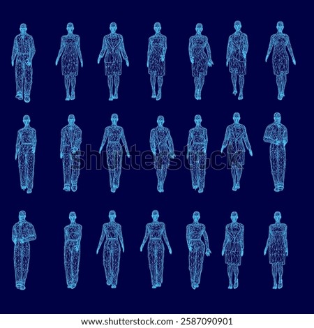 A blue image of a group of people walking. The image is a computer-generated animation of people walking in a line. The people are all dressed in business attire