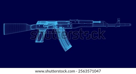Blue image of a gun. The gun is a AK-47. The image is a computer generated image