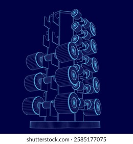 A blue image of a gym with a lot of weights. The weights are stacked on top of each other in a pyramid shape. Concept of strength and determination