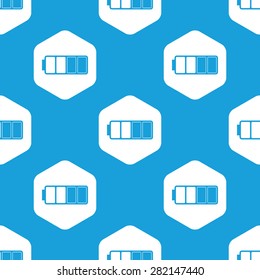 Blue image of half charged battery in white hexagon, repeated on blue