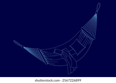 Blue image of a hammock with a pillow on it. The hammock is suspended in the air and he is a blue and white color scheme