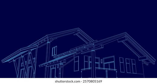 Blue image of a house with a blue roof. The house is shown in a 3D format, giving it a futuristic appearance. Concept of modernity and innovation