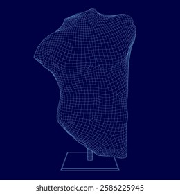 A blue image of a human bust with a mesh-like texture. The figure is standing on a pedestal and he is a sculpture. Scene is abstract and modern, with a focus on the form