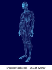 Blue image of a human figure with a blue background. The figure is in a standing position and he is a computer-generated image. The image has a futuristic and somewhat eerie feel to it