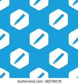 Blue image of ink pen in white hexagon, repeated on blue