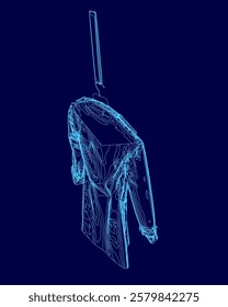 Blue image of a jacket hanging from a clothesline. The jacket is hanging upside down and he is a man's jacket. The image has a surreal and dreamlike quality to it