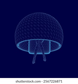 Blue image of a jellyfish with a person sitting on it. The jellyfish is surrounded by a blue background